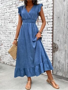 BLUE Ruffled Smocked Defining Waist Maxi Dress Minimalist